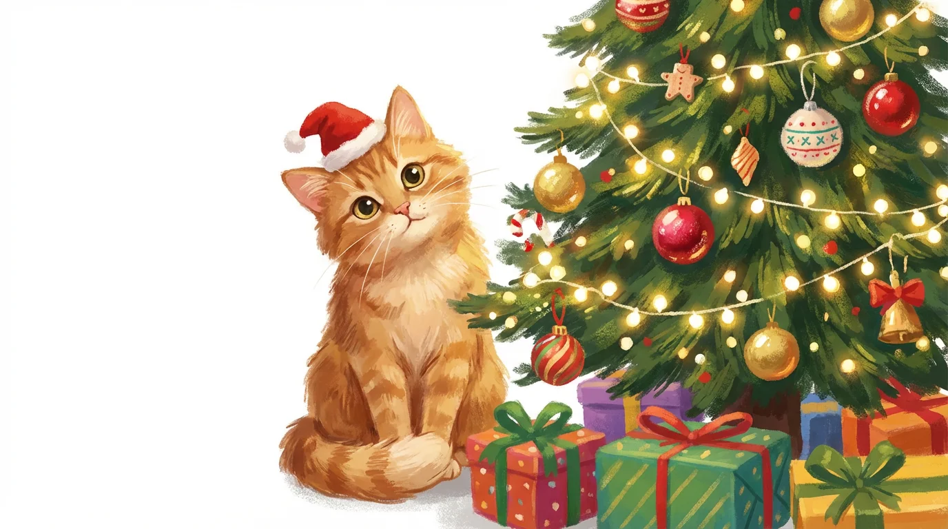 A cute digital illustration of a ginger cat in a Santa hat sitting next to a decorated Christmas tree with presents, all on a white background.