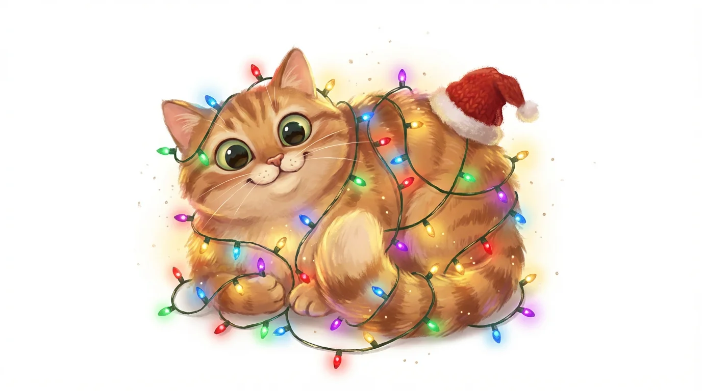 A whimsical illustration of a cute ginger cat wearing a Santa hat, playfully tangled in glowing Christmas lights against a clean white background.