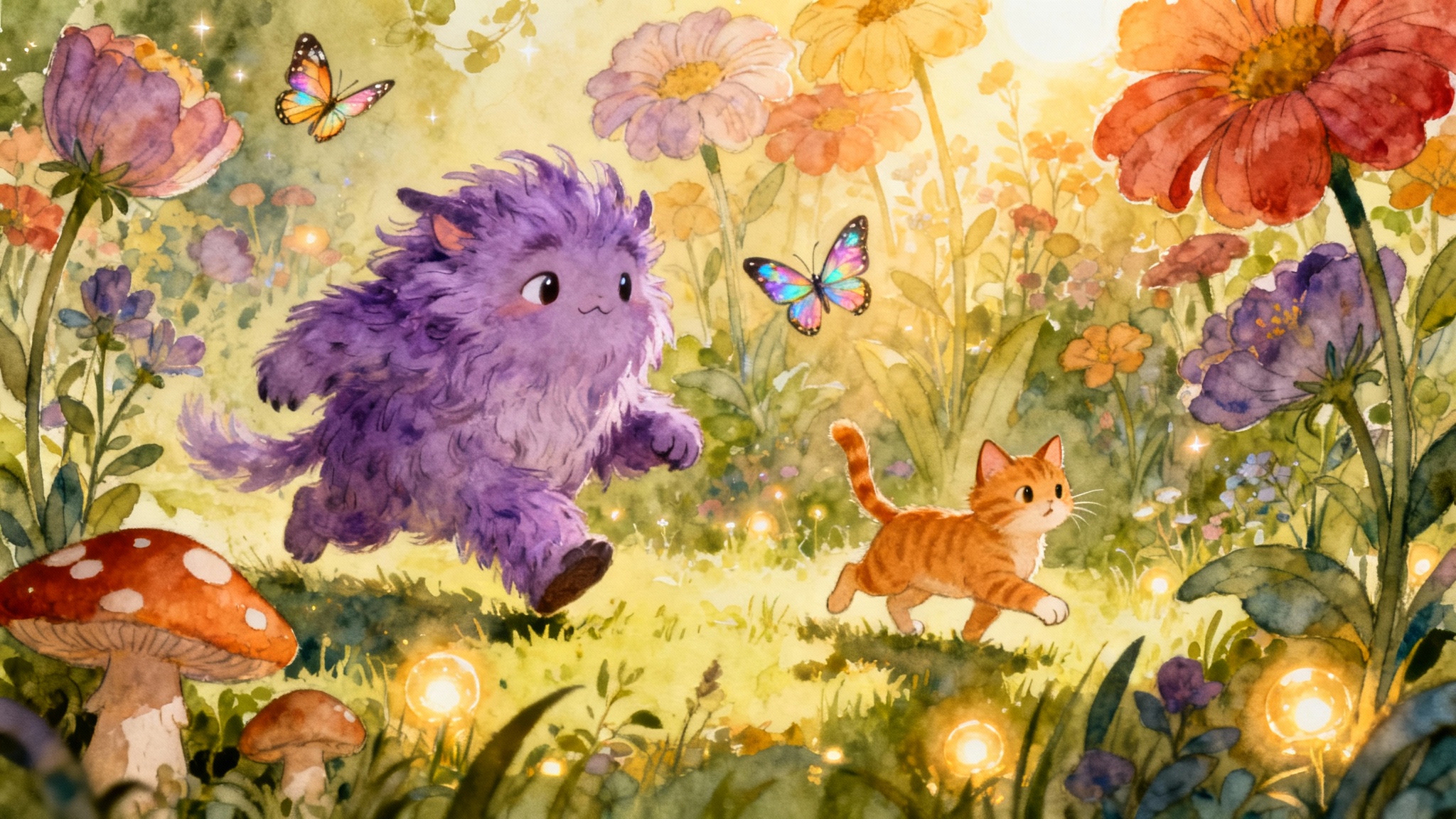 A finished, professional children's book illustration showing a whimsical purple creature playing with a cat in a magical garden, demonstrating the final output of an illustration tool.