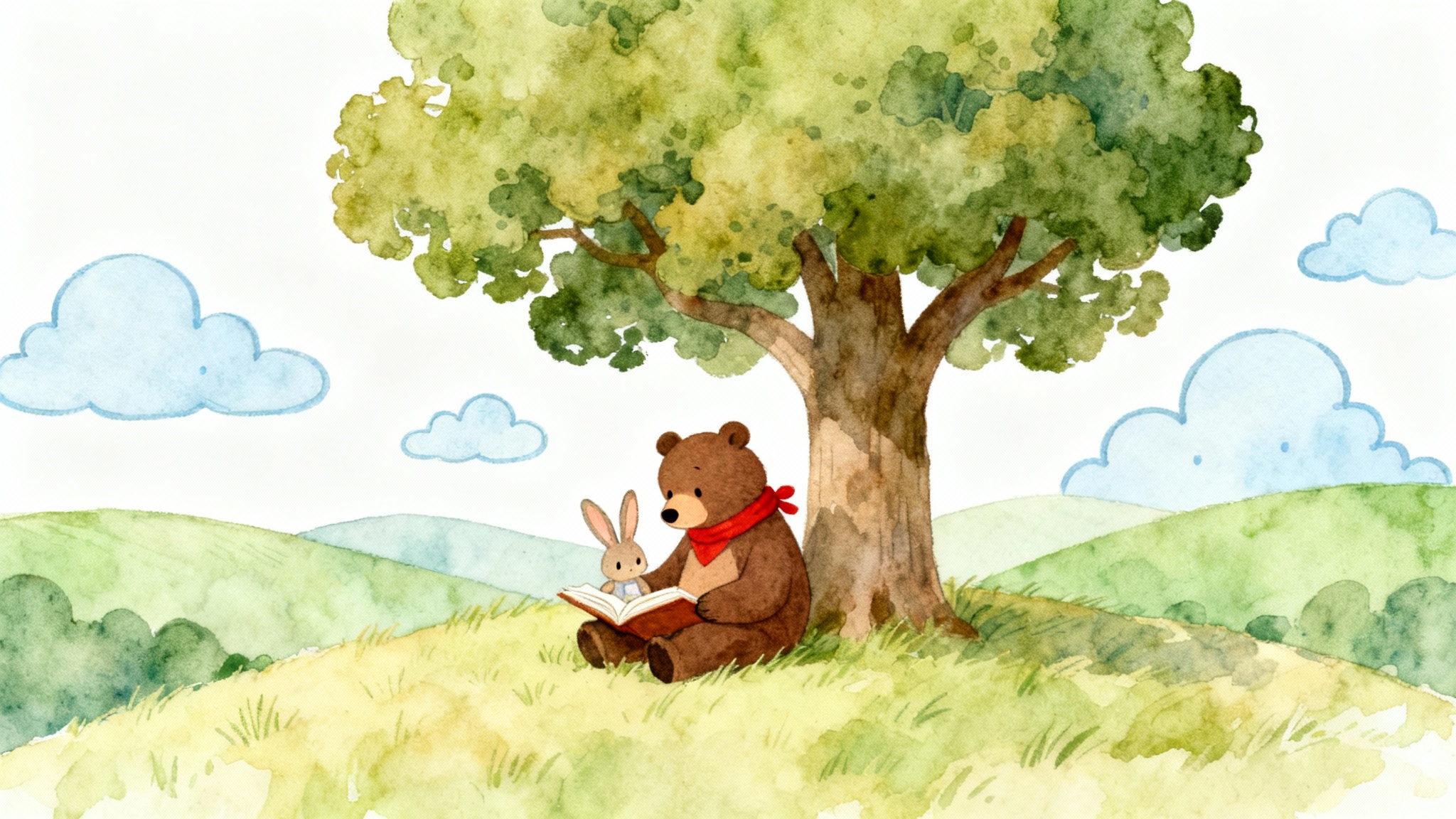 A whimsical children's book illustration of a friendly bear and a small rabbit sitting under a tree and reading a book together, presented as a mockup on a white background.