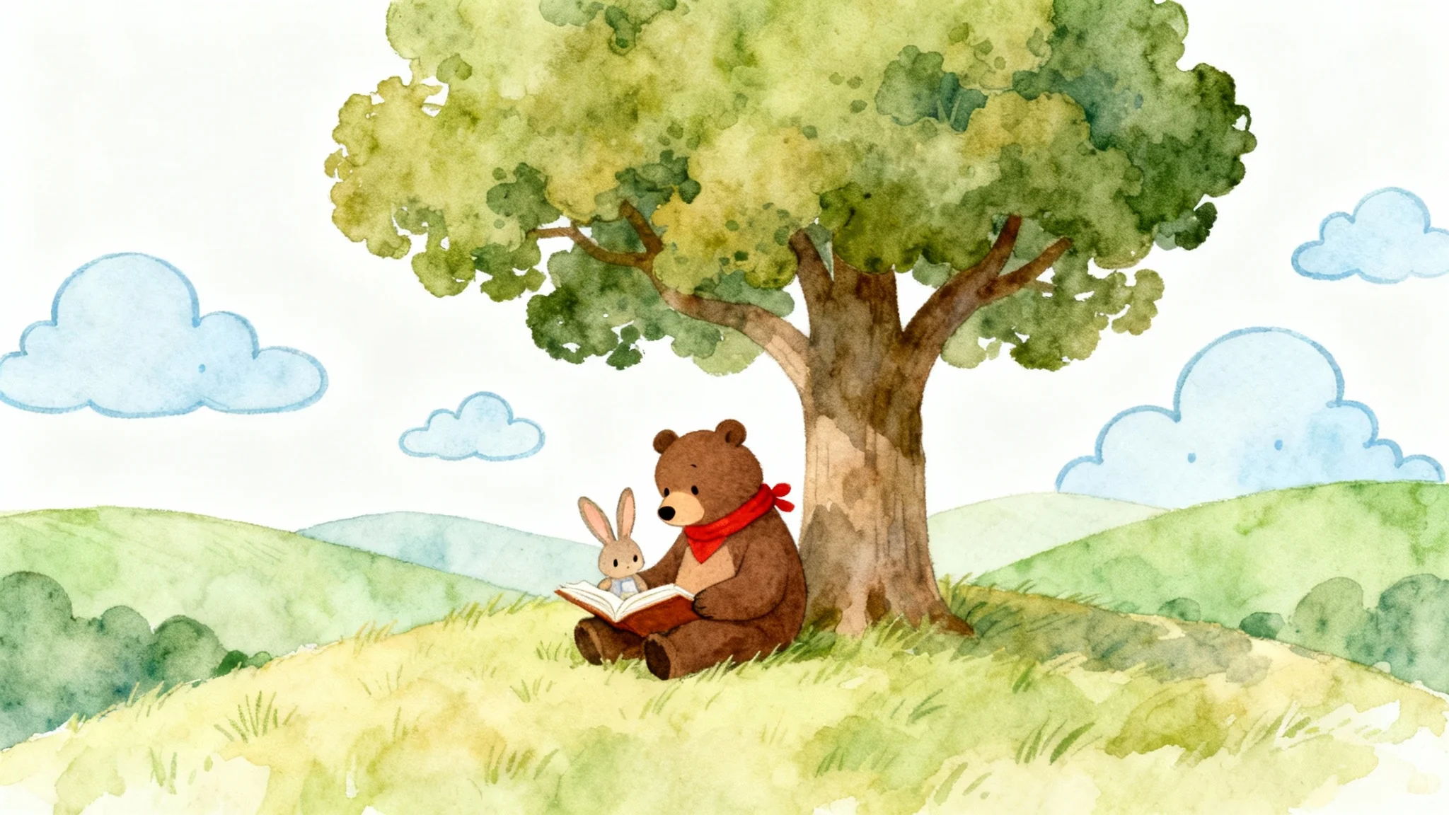 A whimsical children's book illustration of a friendly bear and a small rabbit sitting under a tree and reading a book together, presented as a mockup on a white background.