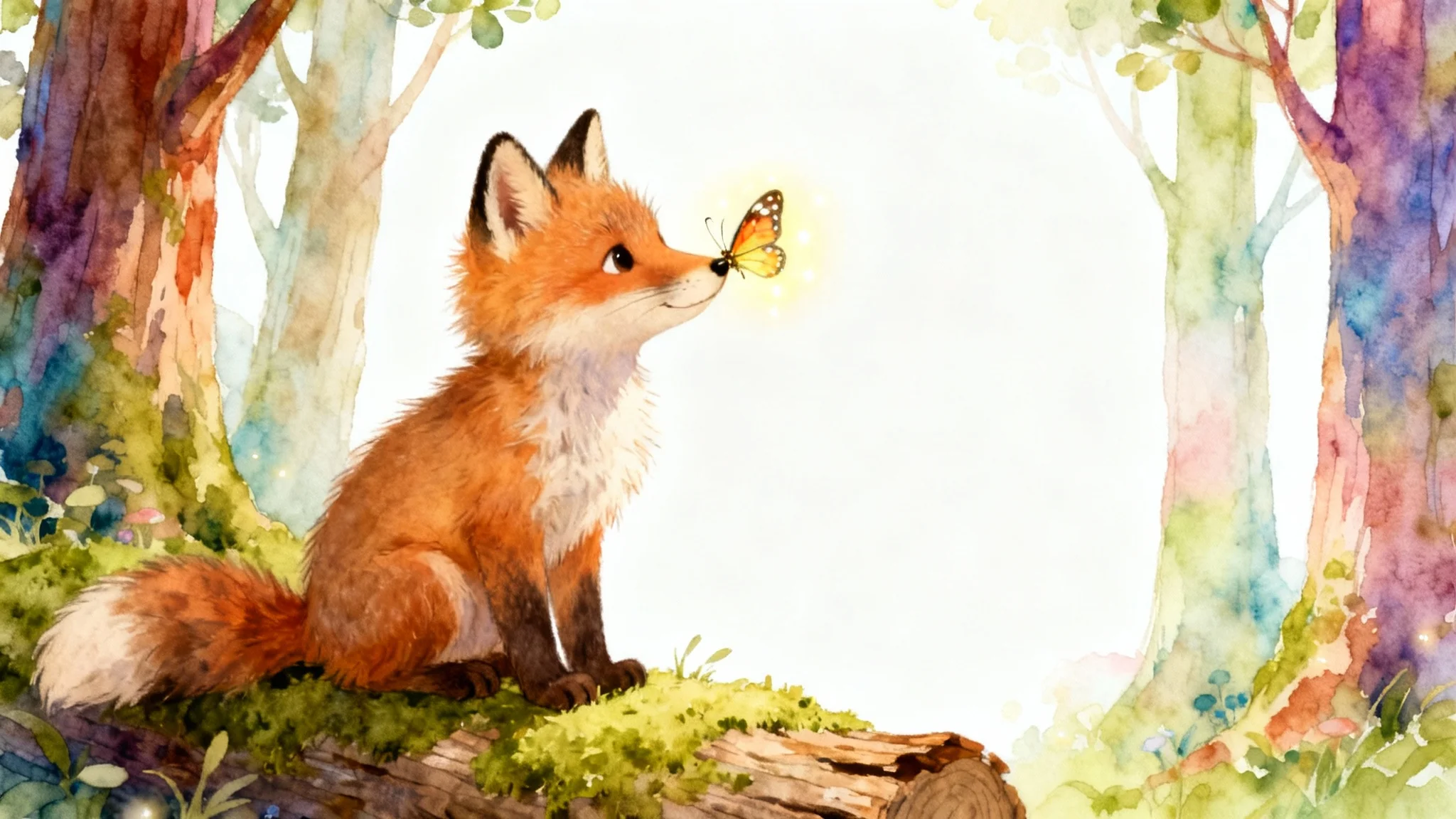 A whimsical children's book illustration of a cute baby fox in a magical forest looking at a glowing butterfly on its nose, presented against a clean white background.