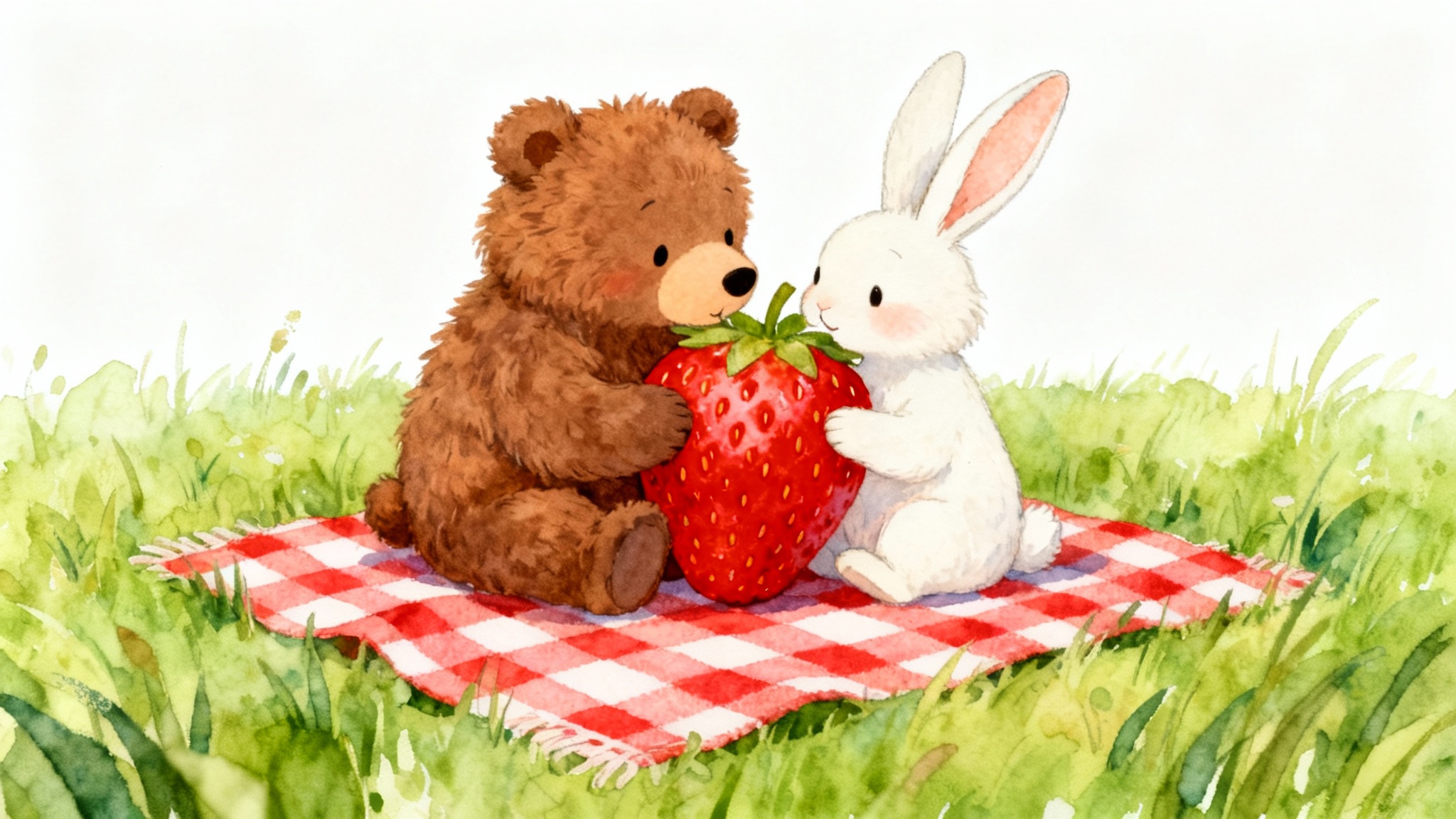 A whimsical watercolor illustration of a teddy bear and a rabbit having a picnic on a checkered blanket, set against a plain white background, exemplifying a children's book illustration.
