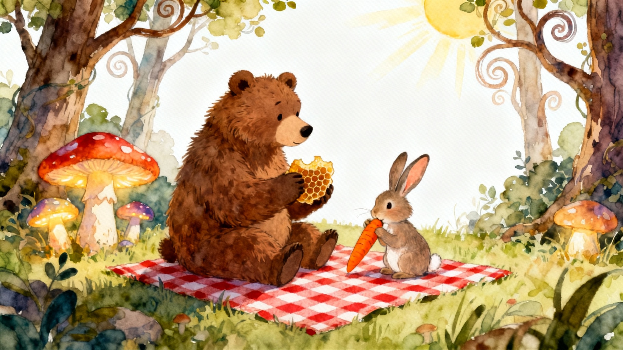 A whimsical children's book illustration of a friendly bear and a small rabbit enjoying a picnic in a magical forest, presented as a mockup on a white background.