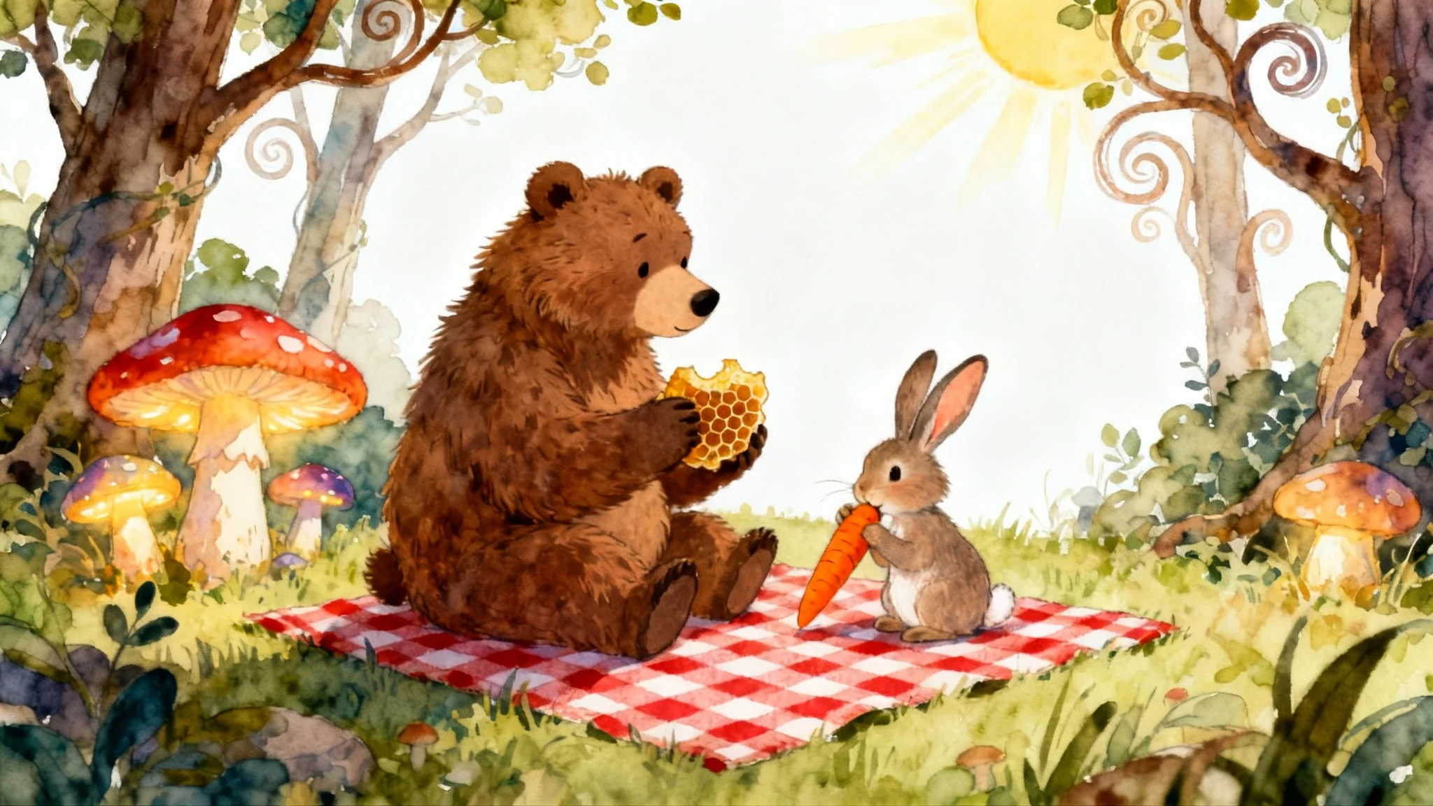 A whimsical children's book illustration of a friendly bear and a small rabbit enjoying a picnic in a magical forest, presented as a mockup on a white background.