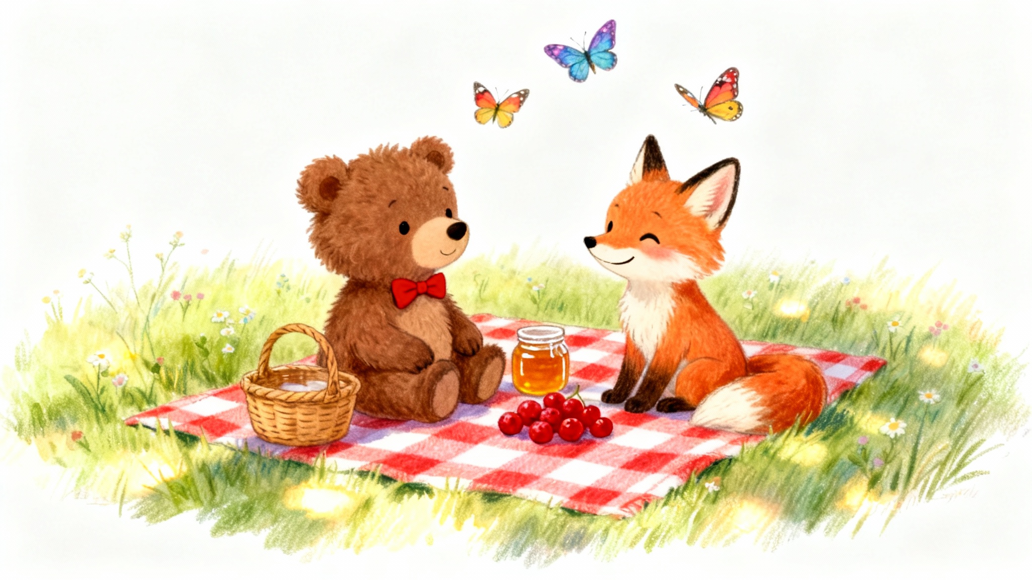 A whimsical children's book illustration of a friendly bear cub and a fox having a picnic on a sunny day, presented as a mockup on a white background.