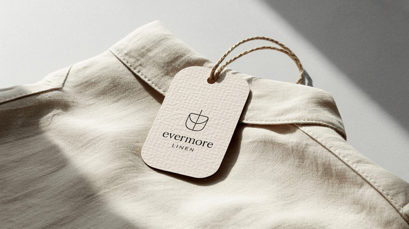 A professional mockup of a rectangular off-white garment tag with the brand name 'Evermore Linen', attached by a jute string to a folded cream linen shirt in a clean, brightly lit product shot.