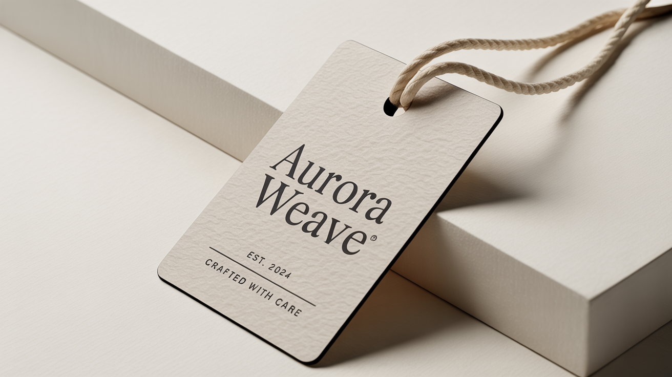 A professional mockup of a rectangular, off-white garment tag for the brand 'AURORA WEAVE', made of textured paper and featuring a natural cotton string, set against a clean white background.