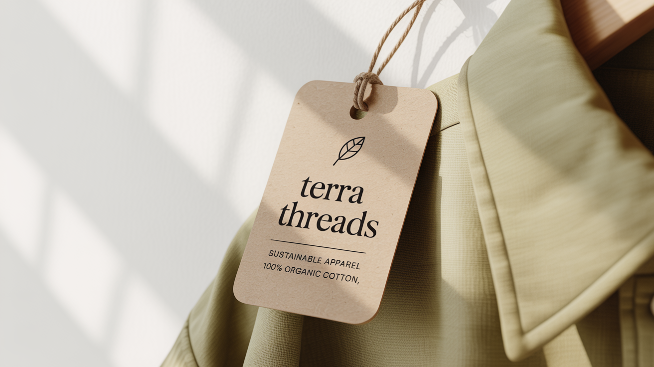 A close-up, photorealistic mockup of a sustainable brand's garment tag labeled 'TERRA THREADS' attached to an olive green linen shirt, set against a plain white background.
