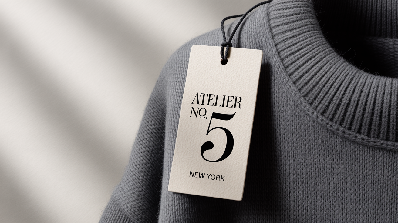 A professional mockup of a rectangular garment tag made from off-white textured paper, displaying the brand name 'Atelier No. 5' in elegant text, attached to a dark grey knit garment against a white background.