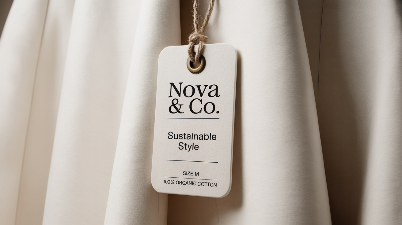 A close-up, photorealistic mockup of a sustainable garment tag made of textured, off-white paper with the brand name 'NOVA & CO.' printed on it, set against a clean white background.