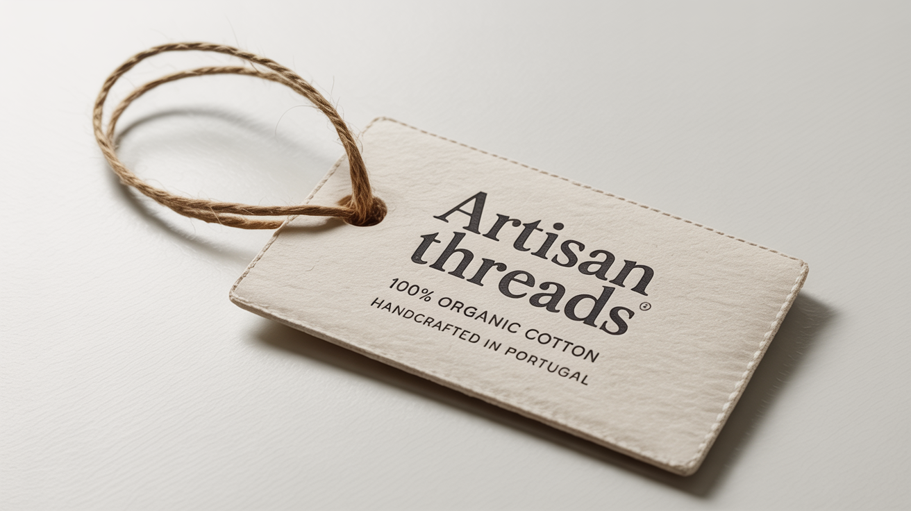 A photorealistic mockup of a rectangular, off-white garment tag with the words 'Artisan Threads' and '100% Organic Cotton' printed on it, hanging from a jute string against a white background.