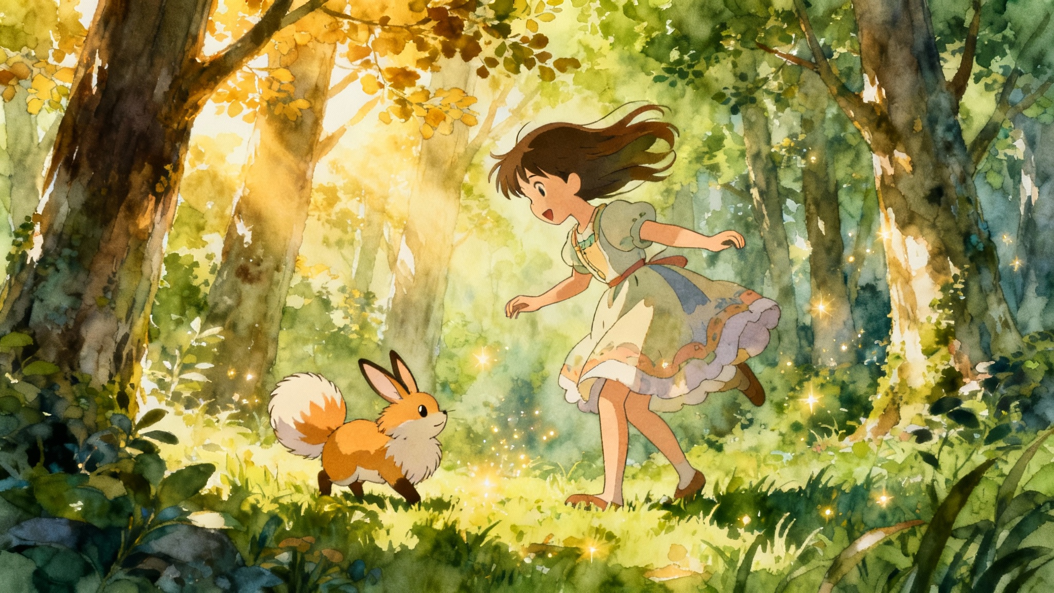 A beautiful landscape scene rendered in the artistic style of Studio Ghibli, showing a young girl in a forest playing with a small, magical creature under soft sunlight.