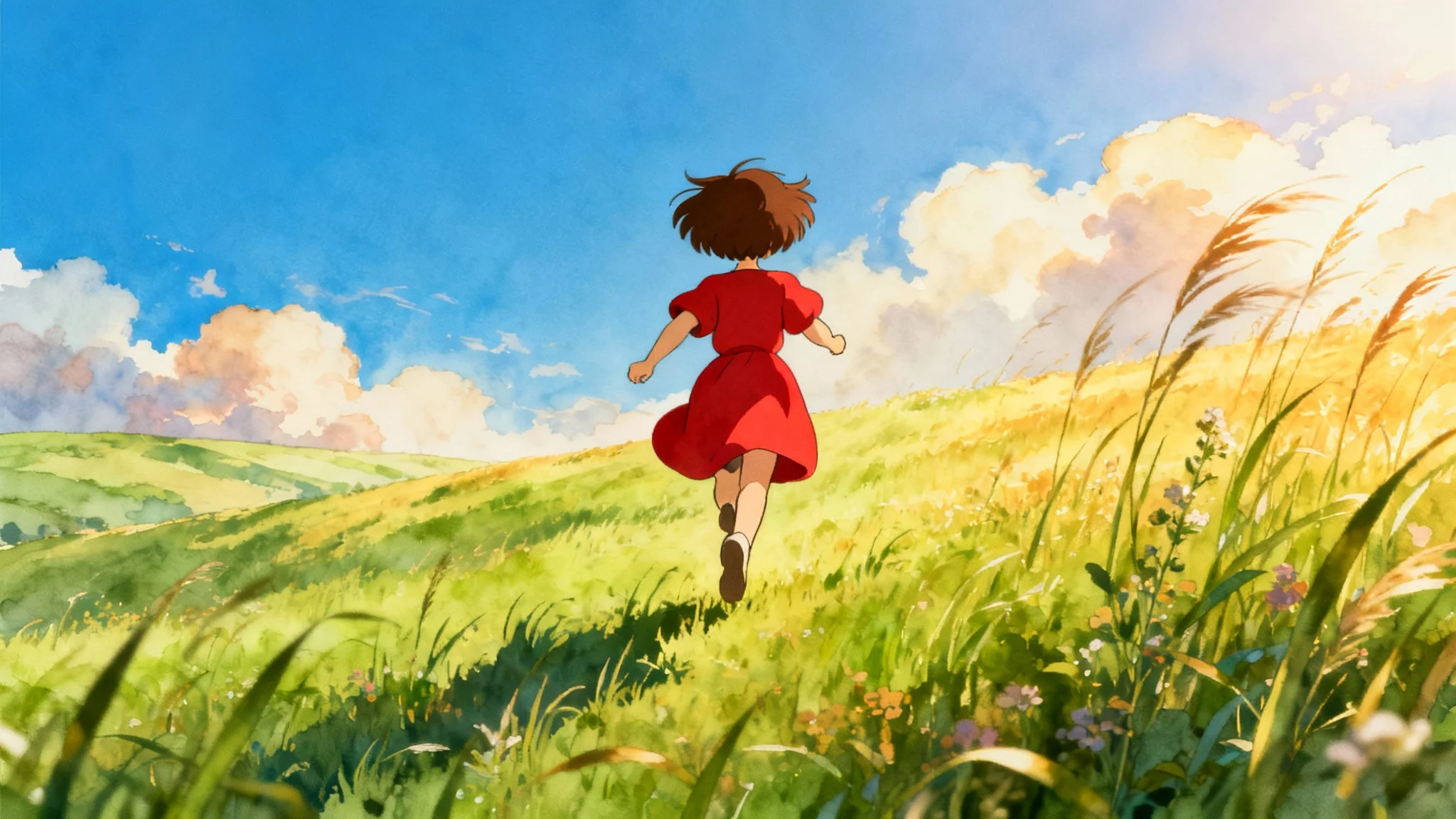 A digital illustration in the style of Studio Ghibli, depicting a young girl in a red dress running through a sunlit green meadow under a blue sky with fluffy clouds.