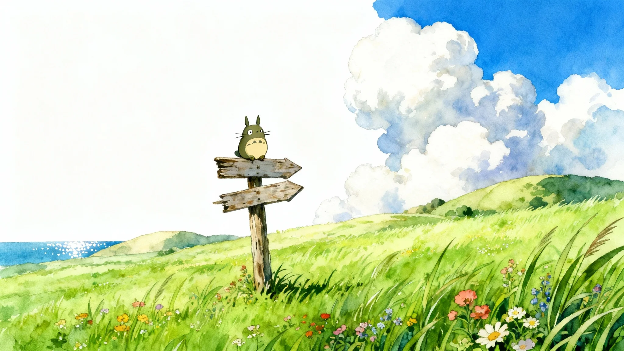 An illustration in the style of Studio Ghibli, featuring a lush green field with a wooden signpost under a blue sky with fluffy clouds. A small, cute forest spirit sits on the sign.