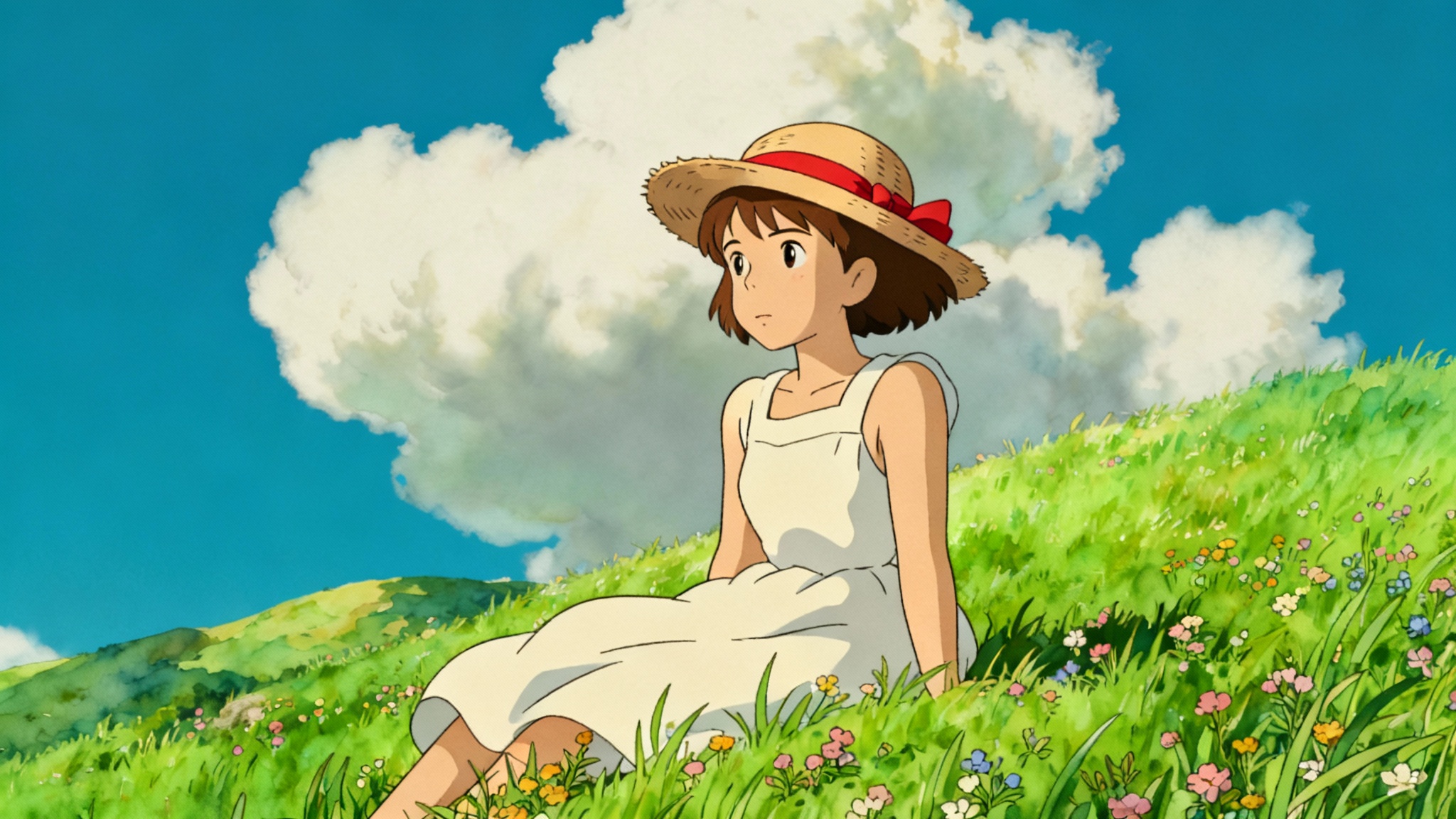 A young girl in a straw hat sitting in a sunlit meadow, rendered in the whimsical, hand-drawn art style of Studio Ghibli films.