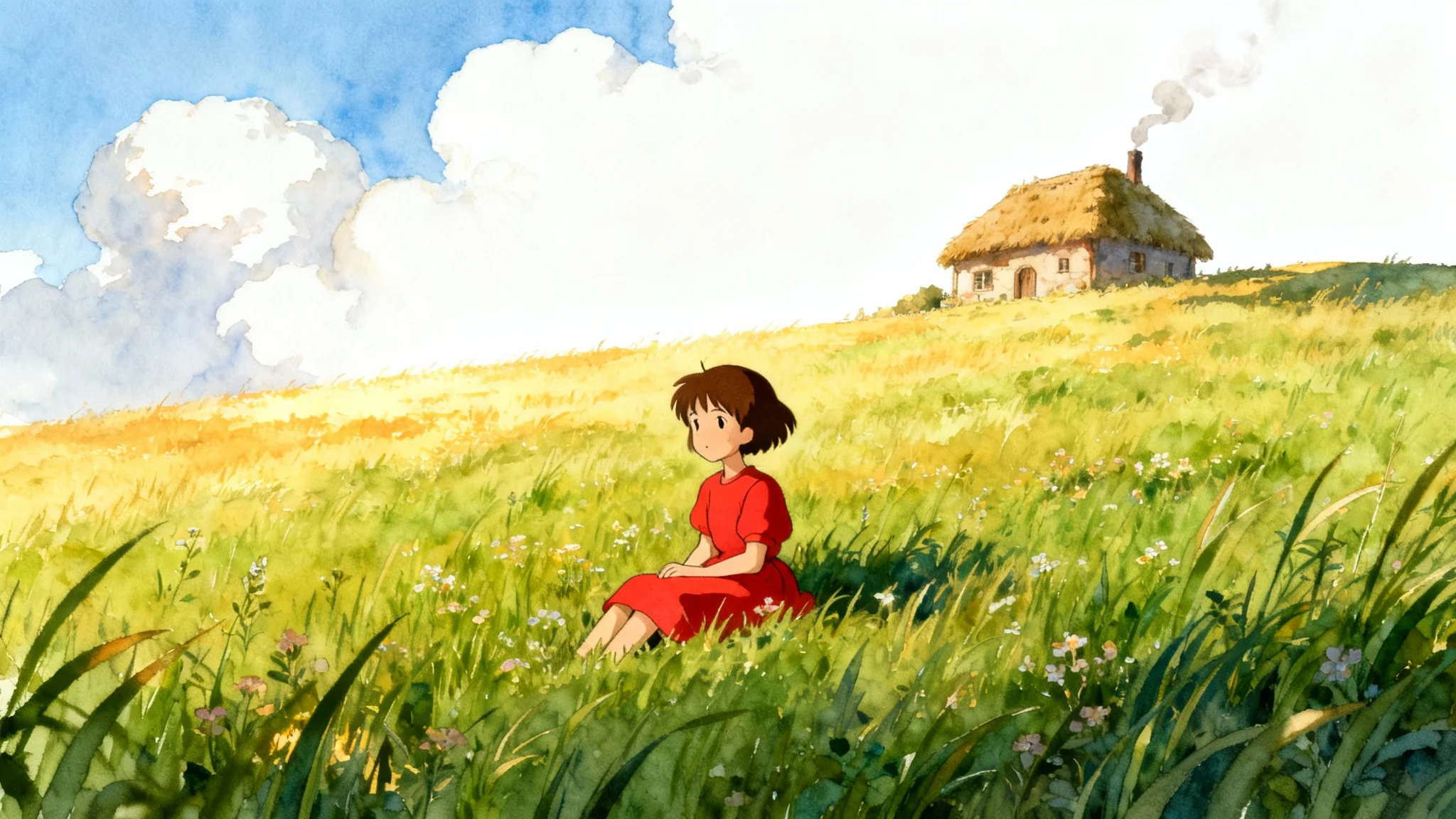 A serene landscape painting in the style of Studio Ghibli, featuring a young girl in a red dress sitting in a field of wildflowers, with a quaint cottage in the background under a blue sky with fluffy clouds.