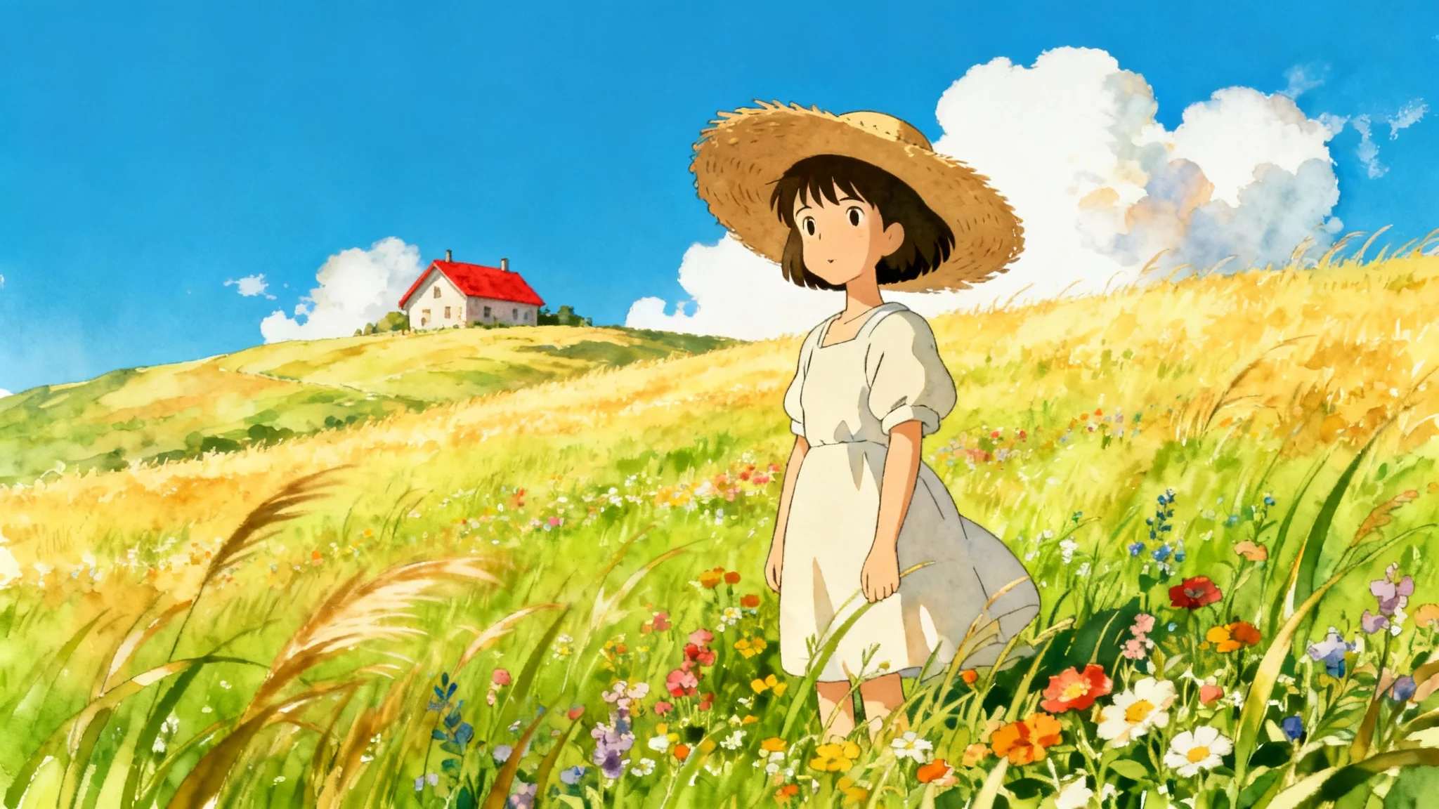 A beautiful digital painting in the style of Studio Ghibli, showing a young girl in a straw hat standing in a sunlit meadow, looking at a distant cottage.