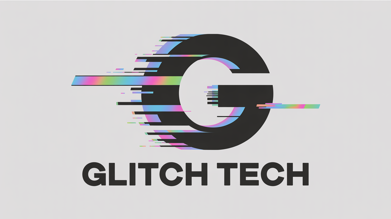 A cinematic still from a glitch logo animation for a fictional company called 'GLITCH TECH'. The logo is exploding with neon colors and digital distortion effects, showcasing the final output of an animation template.