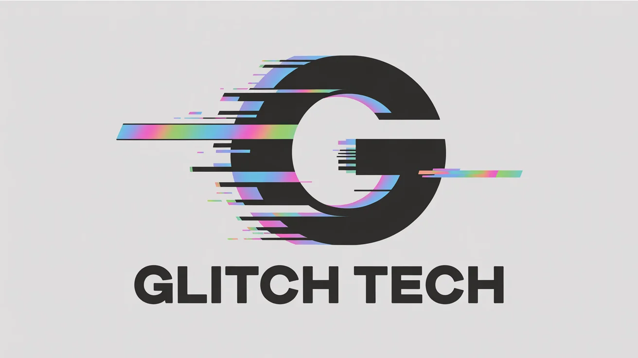 A cinematic still from a glitch logo animation for a fictional company called 'GLITCH TECH'. The logo is exploding with neon colors and digital distortion effects, showcasing the final output of an animation template.