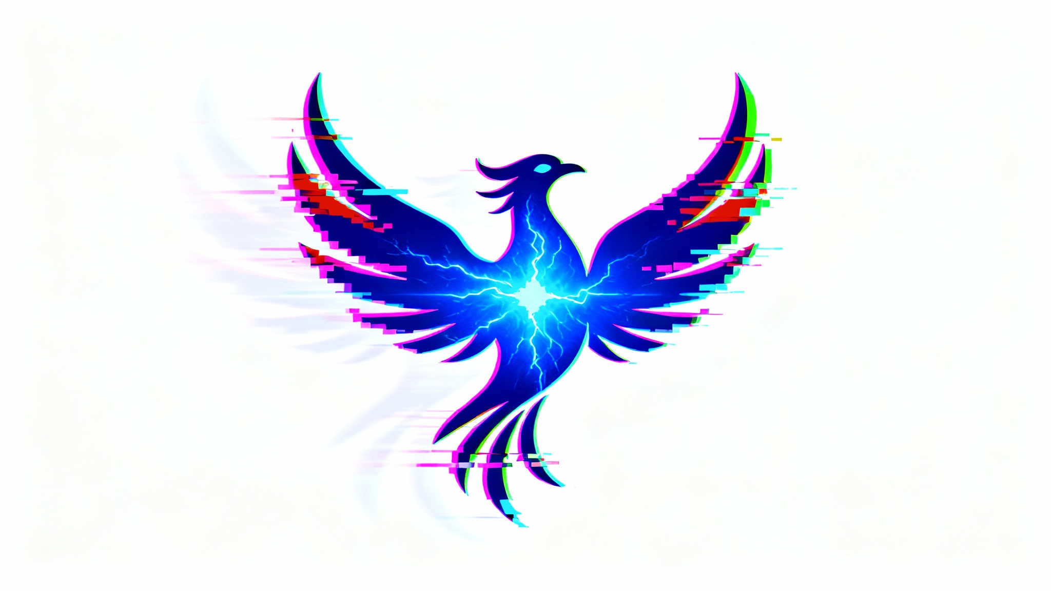 A stylized, abstract phoenix logo in electric blue is depicted against a white background, caught in the middle of a vibrant glitch effect with magenta and cyan digital distortion.