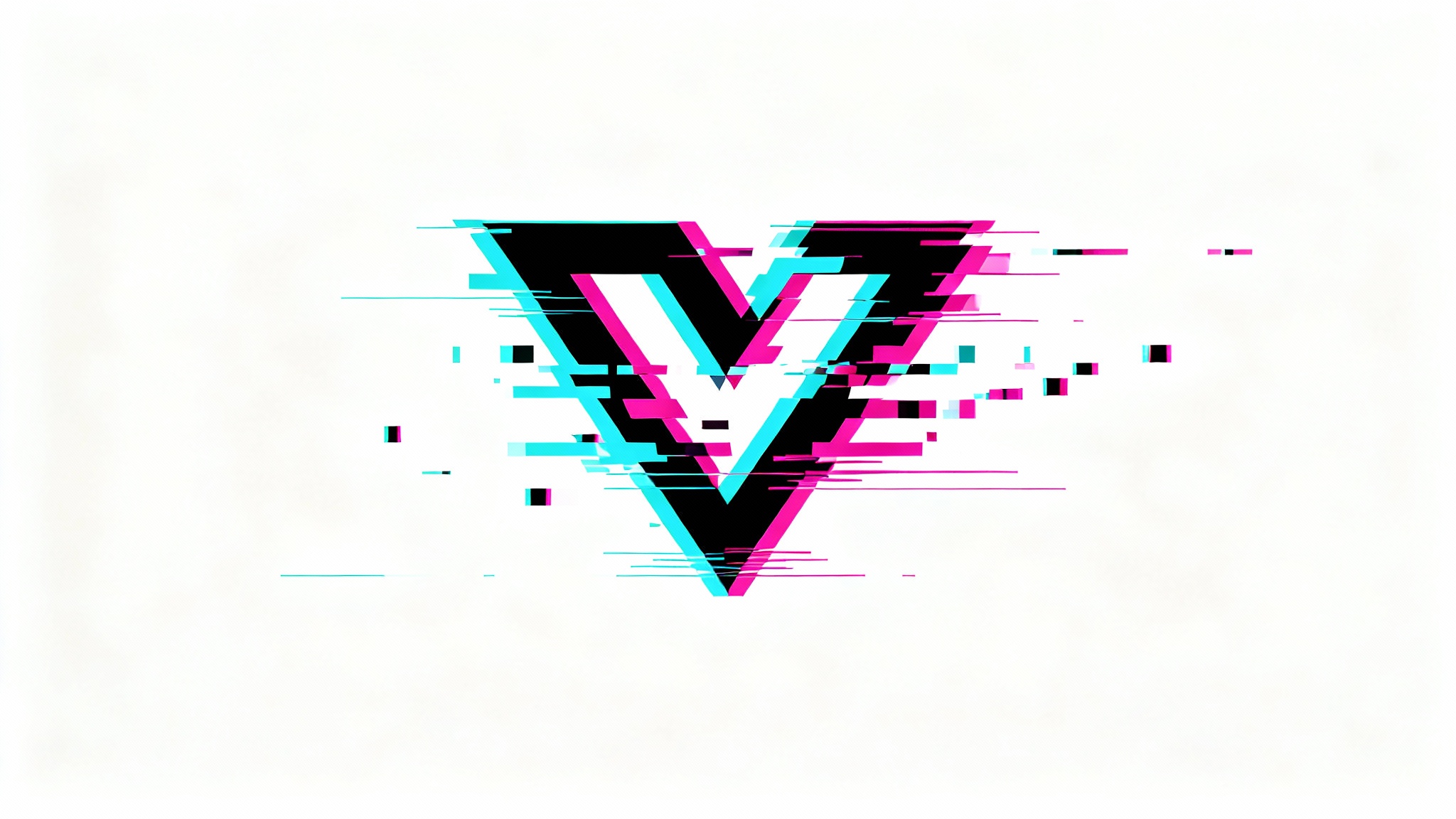 An abstract geometric logo caught in mid-animation, exploding with colorful digital glitch effects like RGB splits and pixelation against a plain white background.