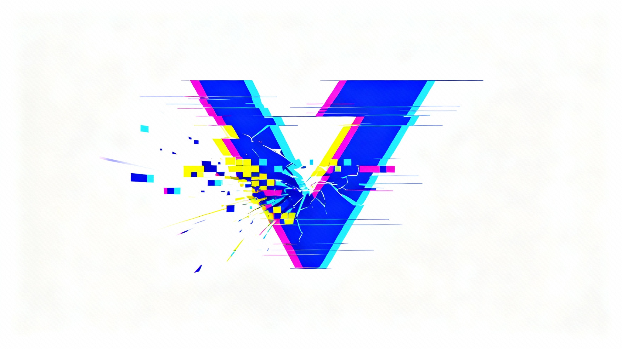 A stylized, electric blue 'V' logo disintegrating with a colorful digital glitch effect, featuring pixelation and color splitting, isolated against a plain white background.