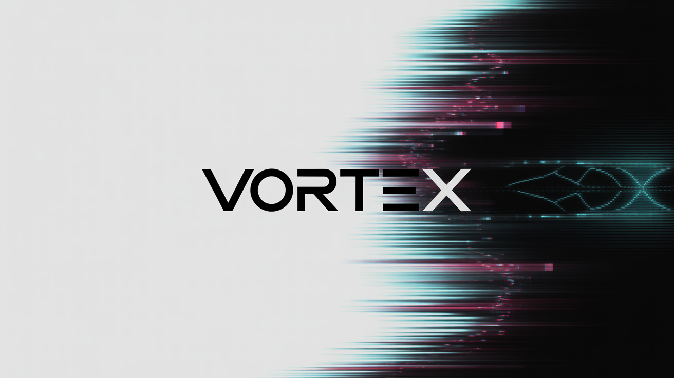 A logo for the brand 'VORTEX' on a white background, demonstrating a glitch animation effect with neon cyan and magenta digital artifacts distorting the right side of the text.