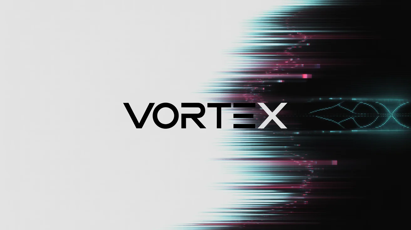 A logo for the brand 'VORTEX' on a white background, demonstrating a glitch animation effect with neon cyan and magenta digital artifacts distorting the right side of the text.