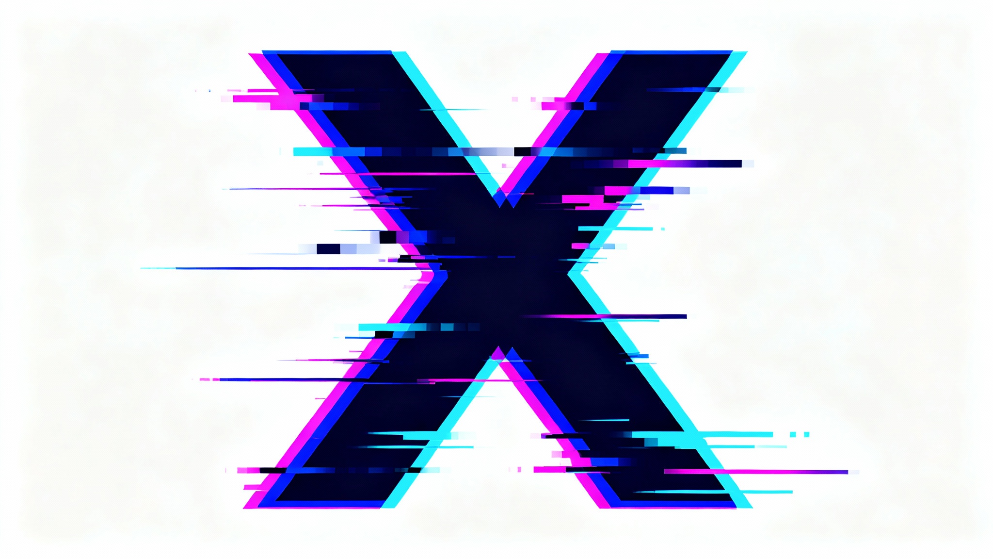 A stylized 'X' logo is captured mid-glitch animation, displaying vibrant digital distortion with colorful streaks and pixelation against a clean white background.
