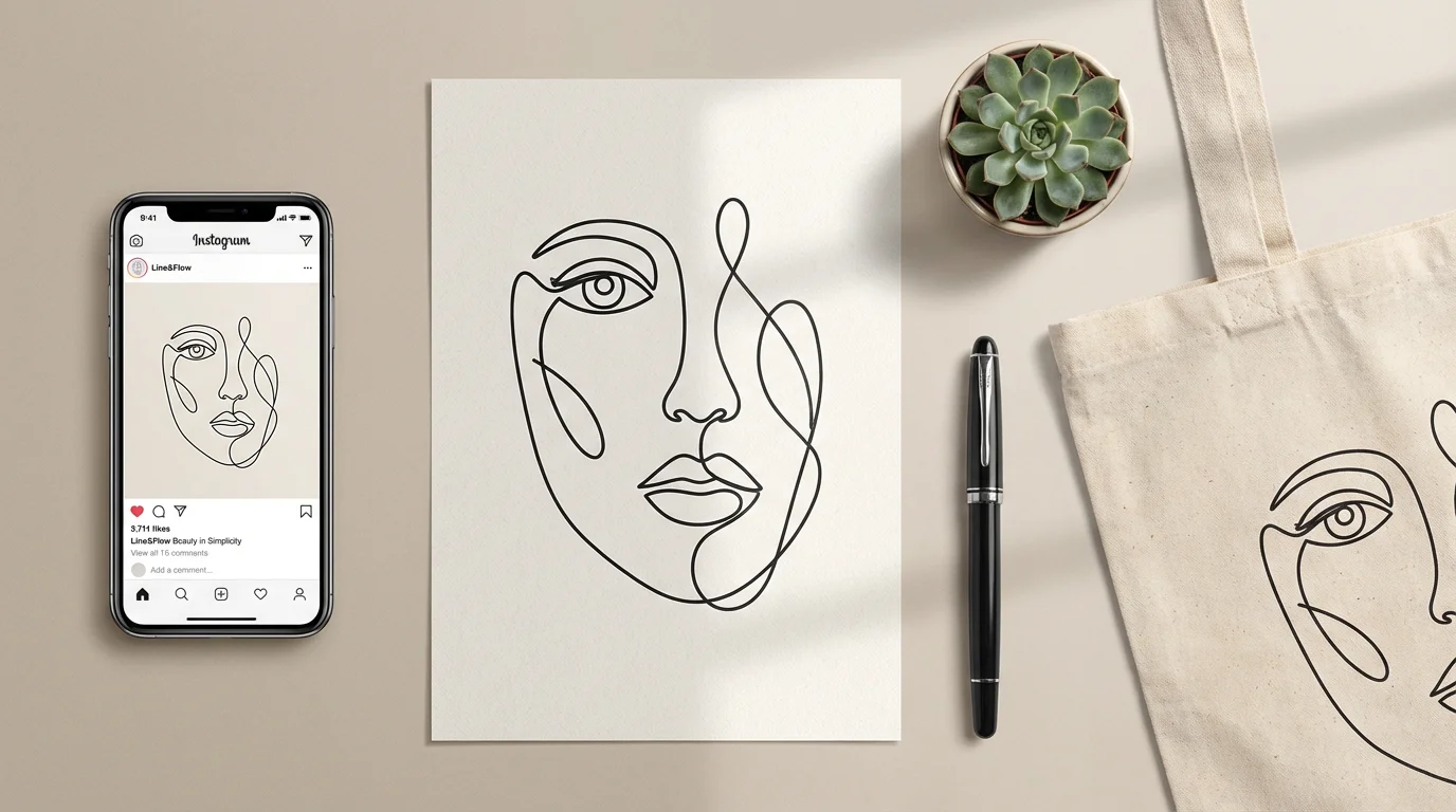 A flat lay image showing an abstract face line drawing used in various designs, including a print, a tote bag, and a social media post on a smartphone, all arranged on a clean, neutral background.