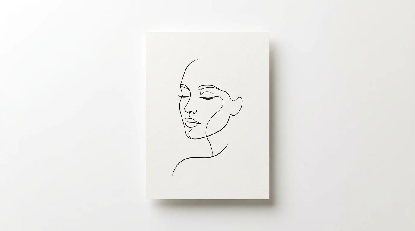 A modern, abstract line drawing of a face created with a single continuous black line on a piece of white paper, presented against a clean white background.