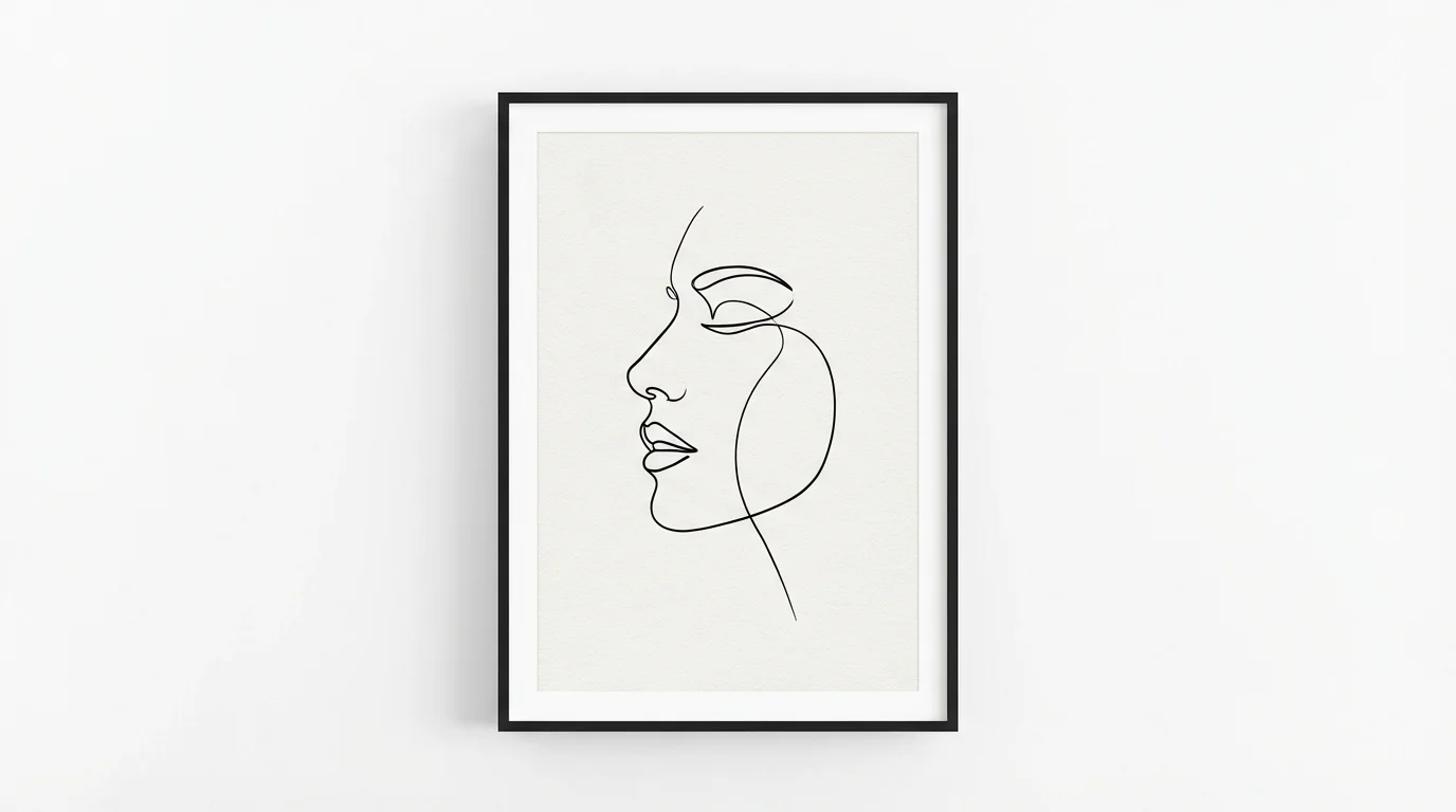 An elegant, minimalist abstract line drawing of a face in profile, rendered in a single continuous black line against a solid white background.