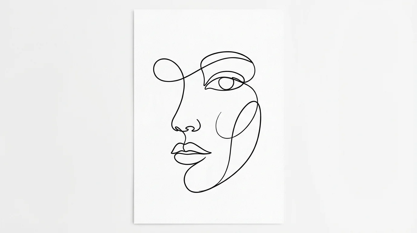 A minimalist abstract line drawing of a face, rendered in a single continuous black line on a pure white background, showcasing an elegant and modern artistic style.