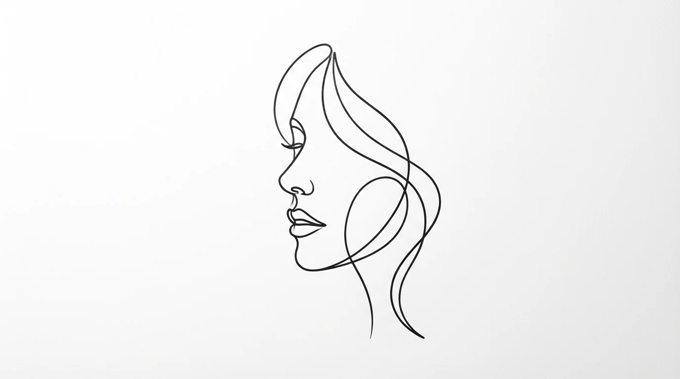 An elegant, abstract line drawing of a woman's face, created with a single continuous black line on a white background.
