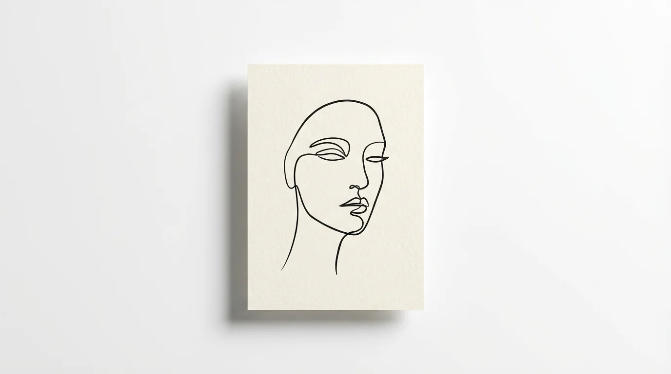 An elegant abstract line drawing of a face, created with a single continuous black line on textured cream paper, isolated on a white background.