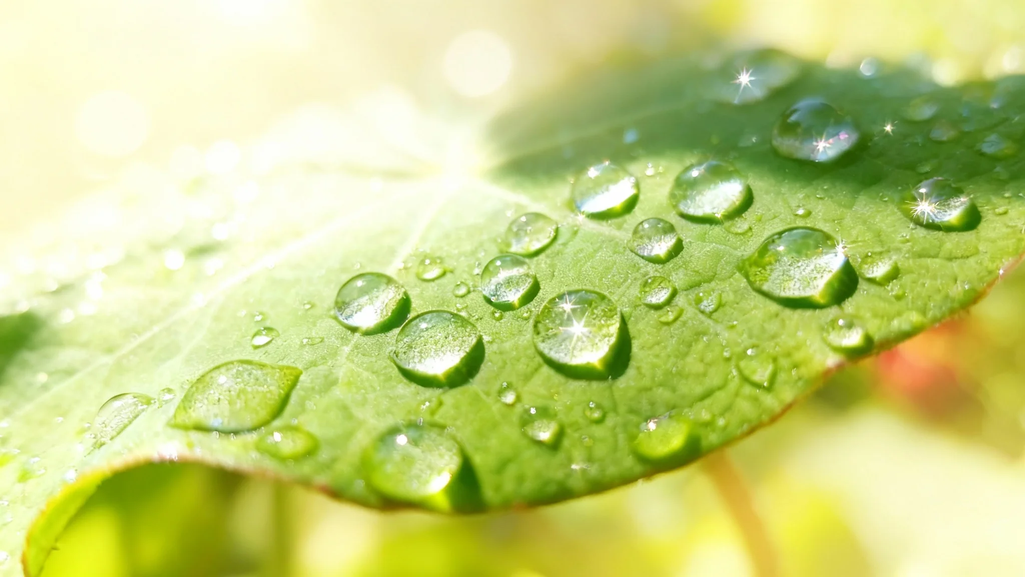 A photorealistic hero image demonstrating the final result of adding water droplets to a photo. It shows an extreme close-up of a vibrant green leaf covered in beautiful, glistening water droplets.
