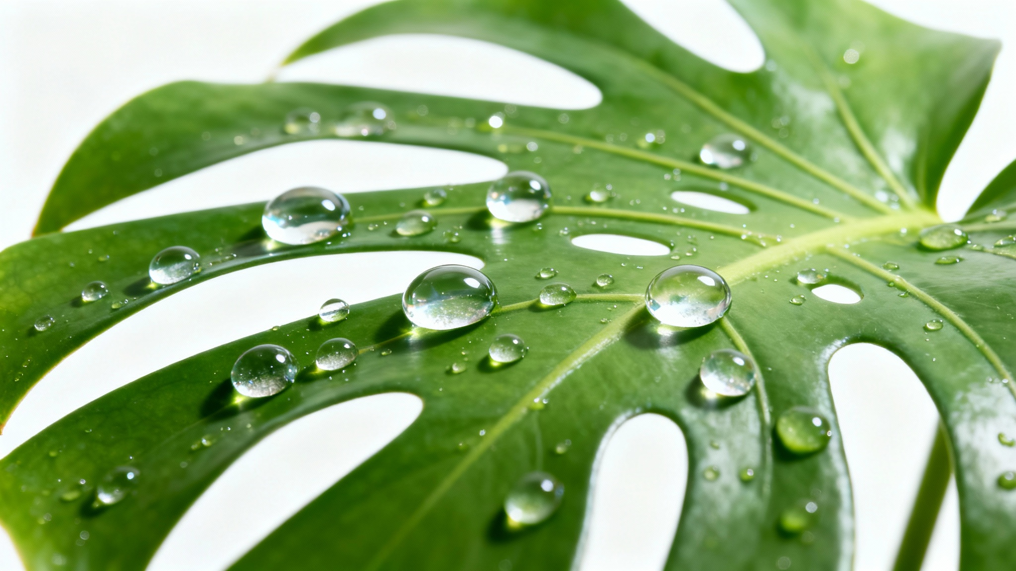A close-up, hyper-realistic image of a lush green leaf covered in sparkling, clear water droplets, set against a stark white background.