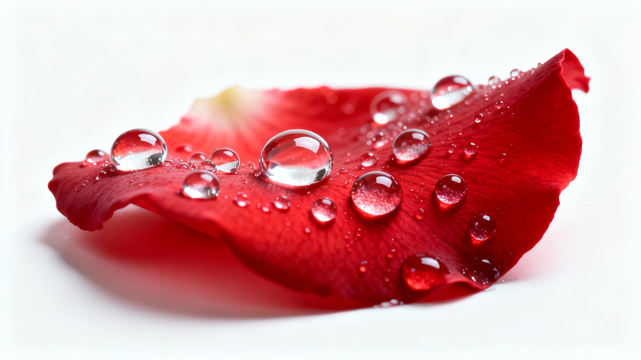 A close-up, hyperrealistic image of a single red rose petal covered in perfectly round, glistening water droplets, isolated against a solid white background.