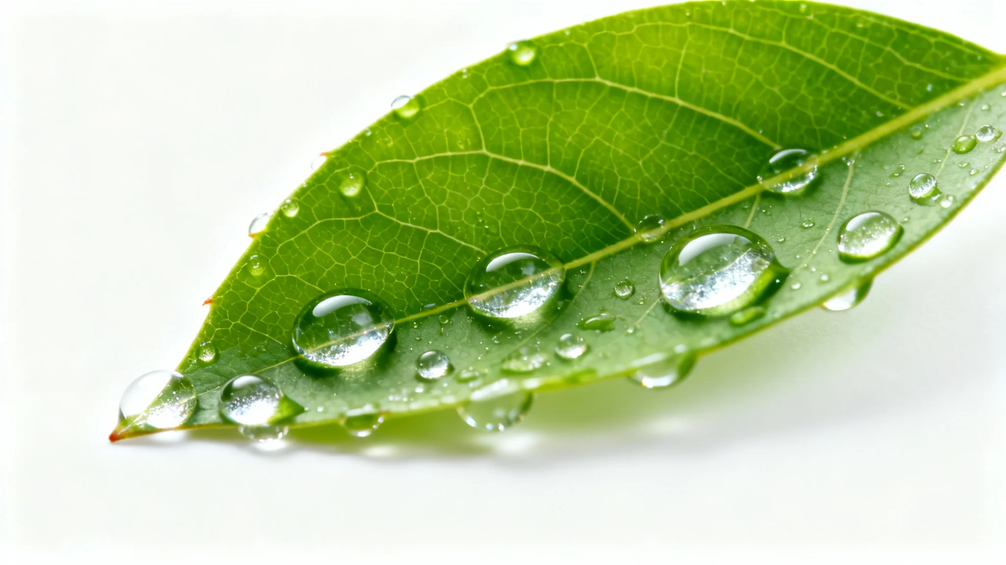 A photorealistic macro shot of a single green leaf covered in sparkling, realistic water droplets, isolated on a plain white background.