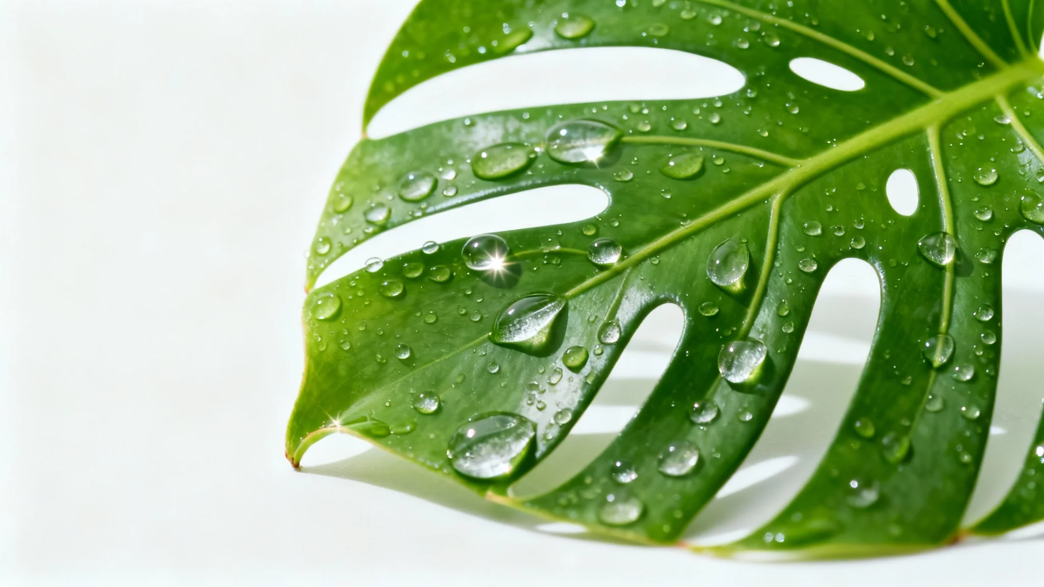 A close-up, photorealistic image of a vibrant green leaf covered in realistic, glistening water droplets, set against a plain white background.