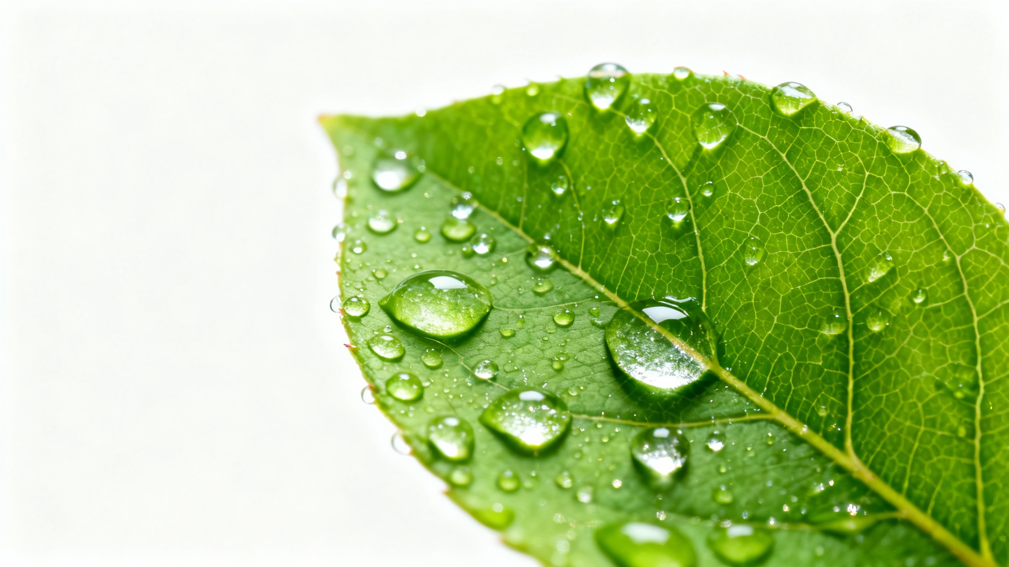 A hyper-realistic macro shot of a bright green leaf covered in sparkling, clear water droplets, isolated against a solid white background.