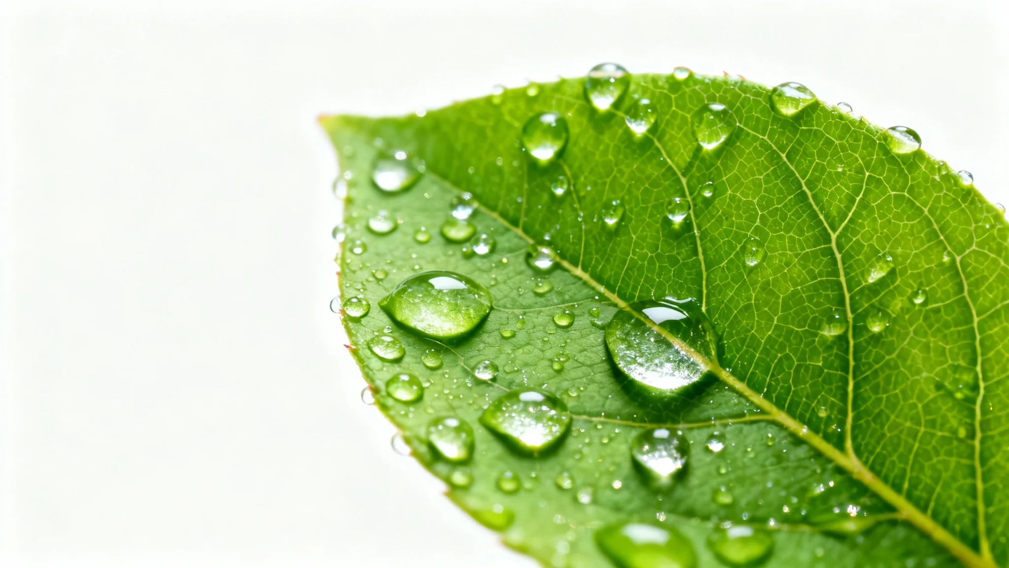 A hyper-realistic macro shot of a bright green leaf covered in sparkling, clear water droplets, isolated against a solid white background.
