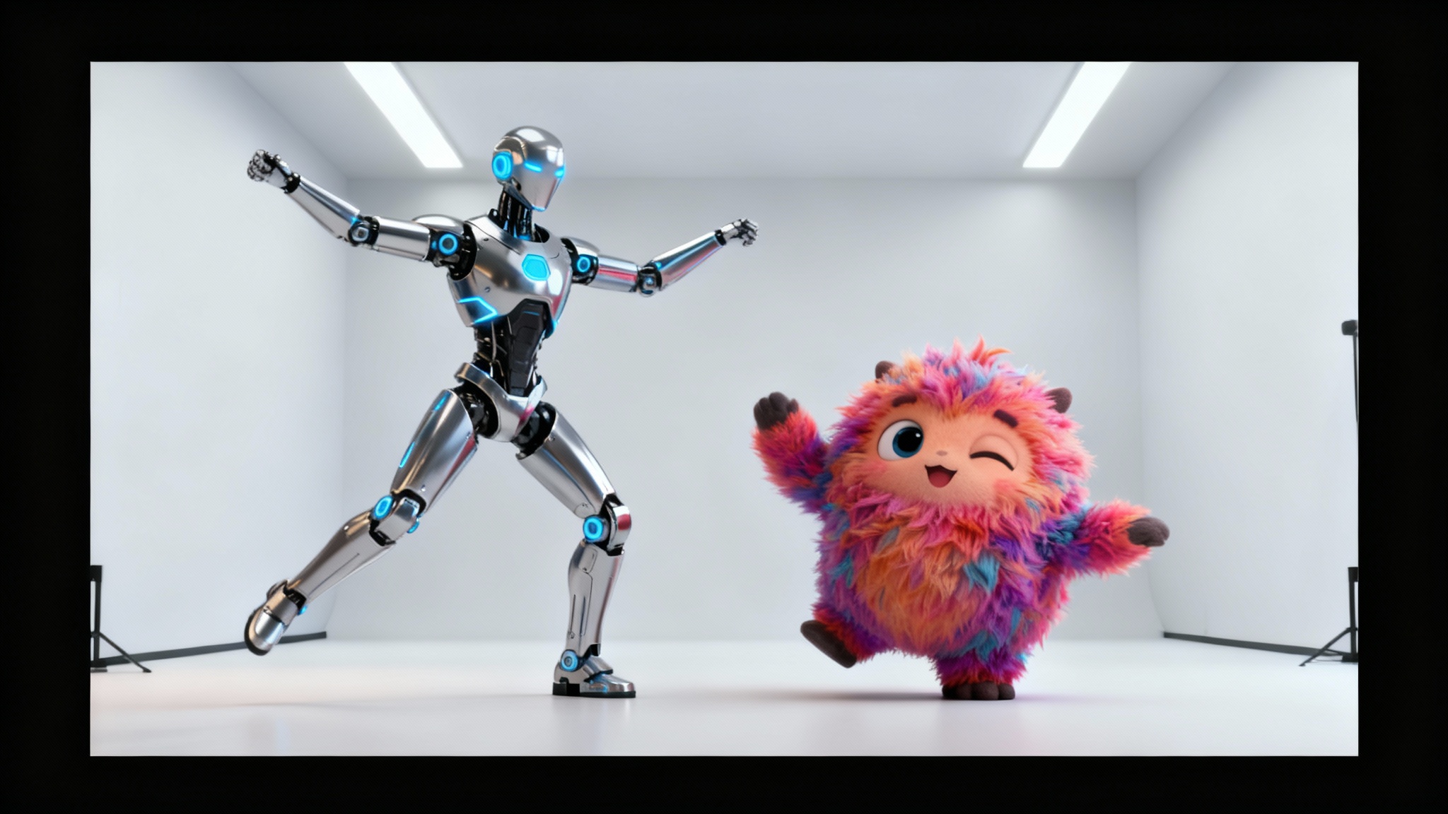 A side-by-side comparison showing a tall robot and a short furry creature striking the exact same dance pose, demonstrating the successful result of animation retargeting.