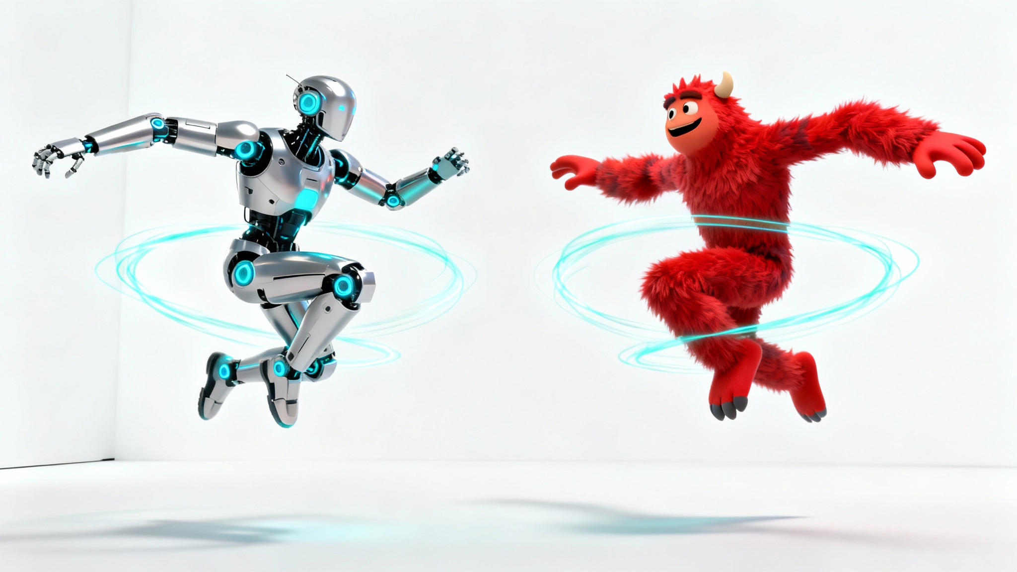 A 3D render demonstrating animation retargeting, with a futuristic robot and a cartoon monster striking the exact same dynamic pose side-by-side on a white background.