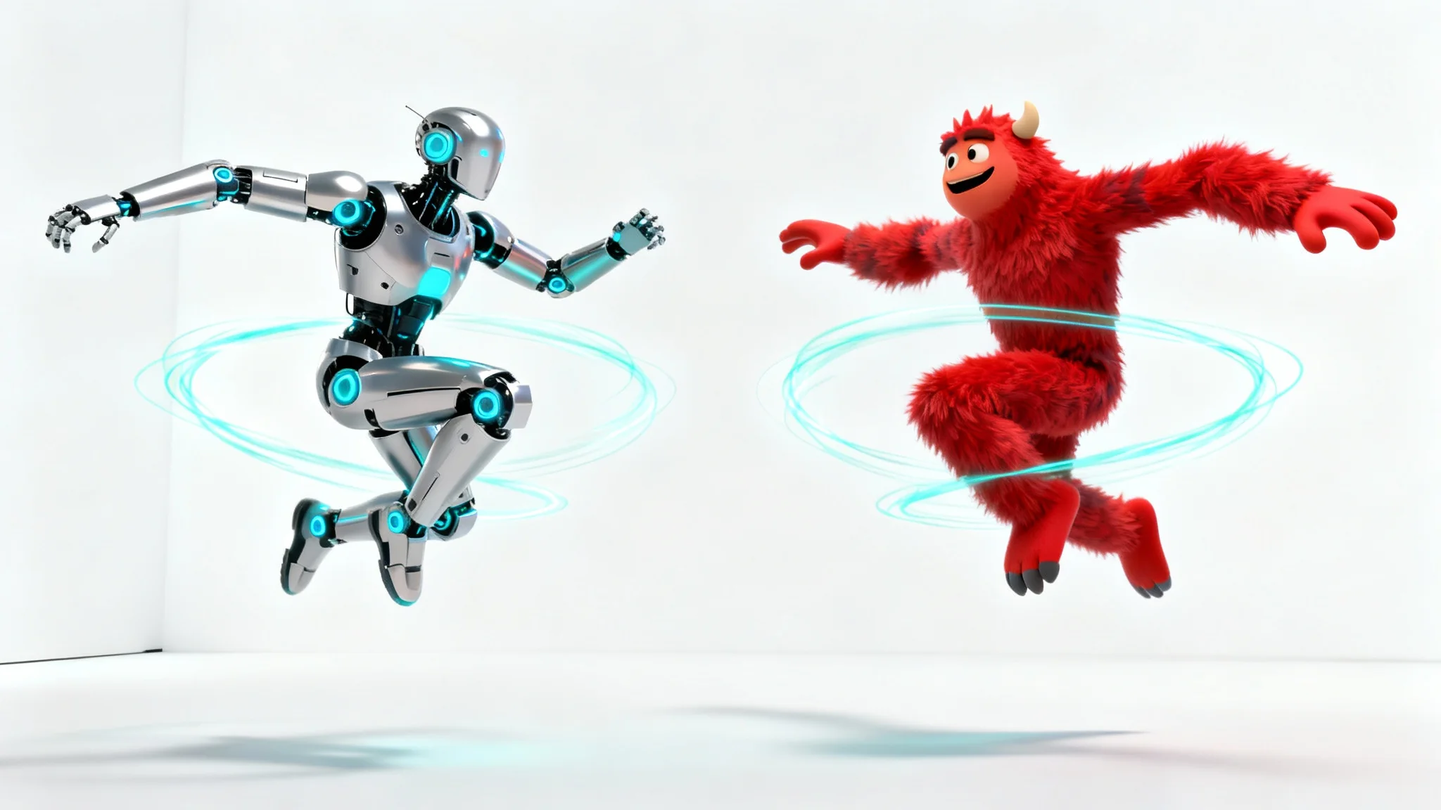 A 3D render demonstrating animation retargeting, with a futuristic robot and a cartoon monster striking the exact same dynamic pose side-by-side on a white background.