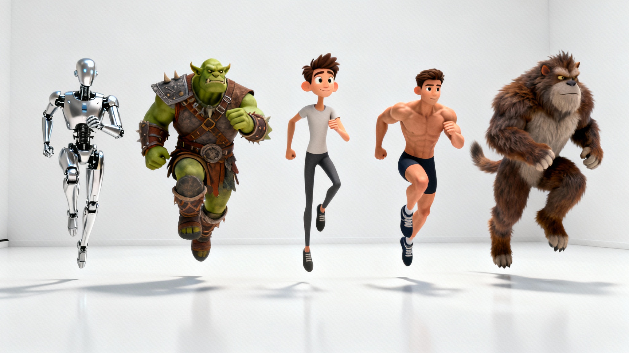 A 3D render showing five very different characters (a robot, an orc, a cartoon person, an athlete, and a furry creature) all striking the exact same dynamic jumping pose, demonstrating the concept of animation retargeting.