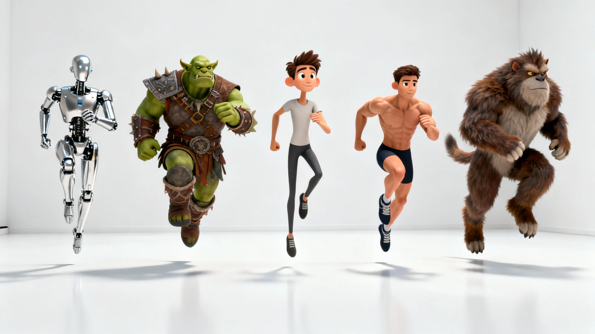 A 3D render showing five very different characters (a robot, an orc, a cartoon person, an athlete, and a furry creature) all striking the exact same dynamic jumping pose, demonstrating the concept of animation retargeting.
