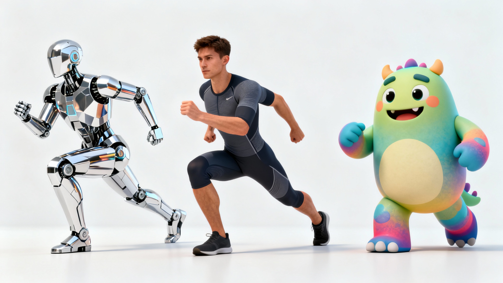A 3D rendering showing three different characters, a robot, a human athlete, and a cartoon monster, all in the identical dynamic pose against a white background, illustrating the concept of animation retargeting.