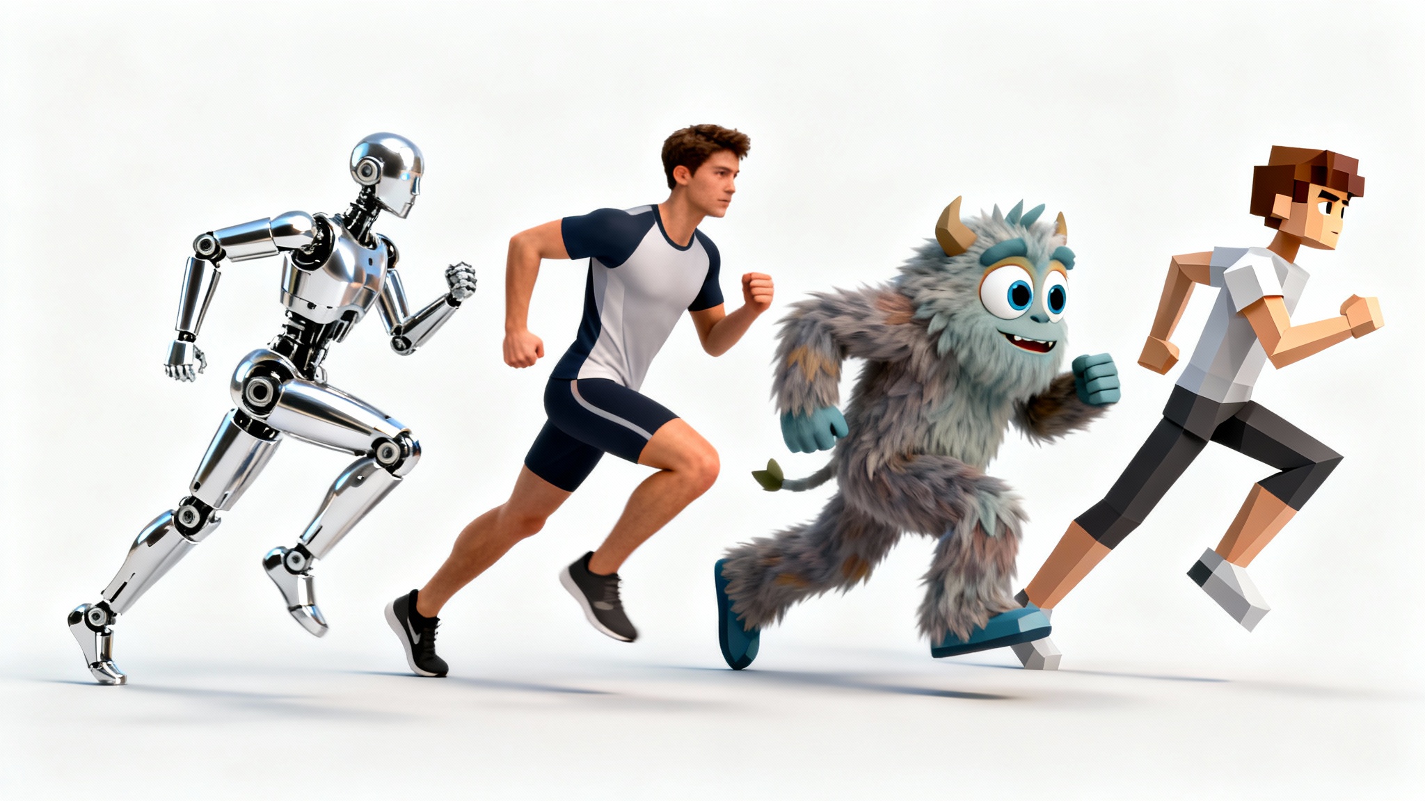 Four diverse 3D character models (a robot, a human, a monster, a low-poly figure) are shown side-by-side in the exact same running pose against a white background, illustrating the concept of animation retargeting.